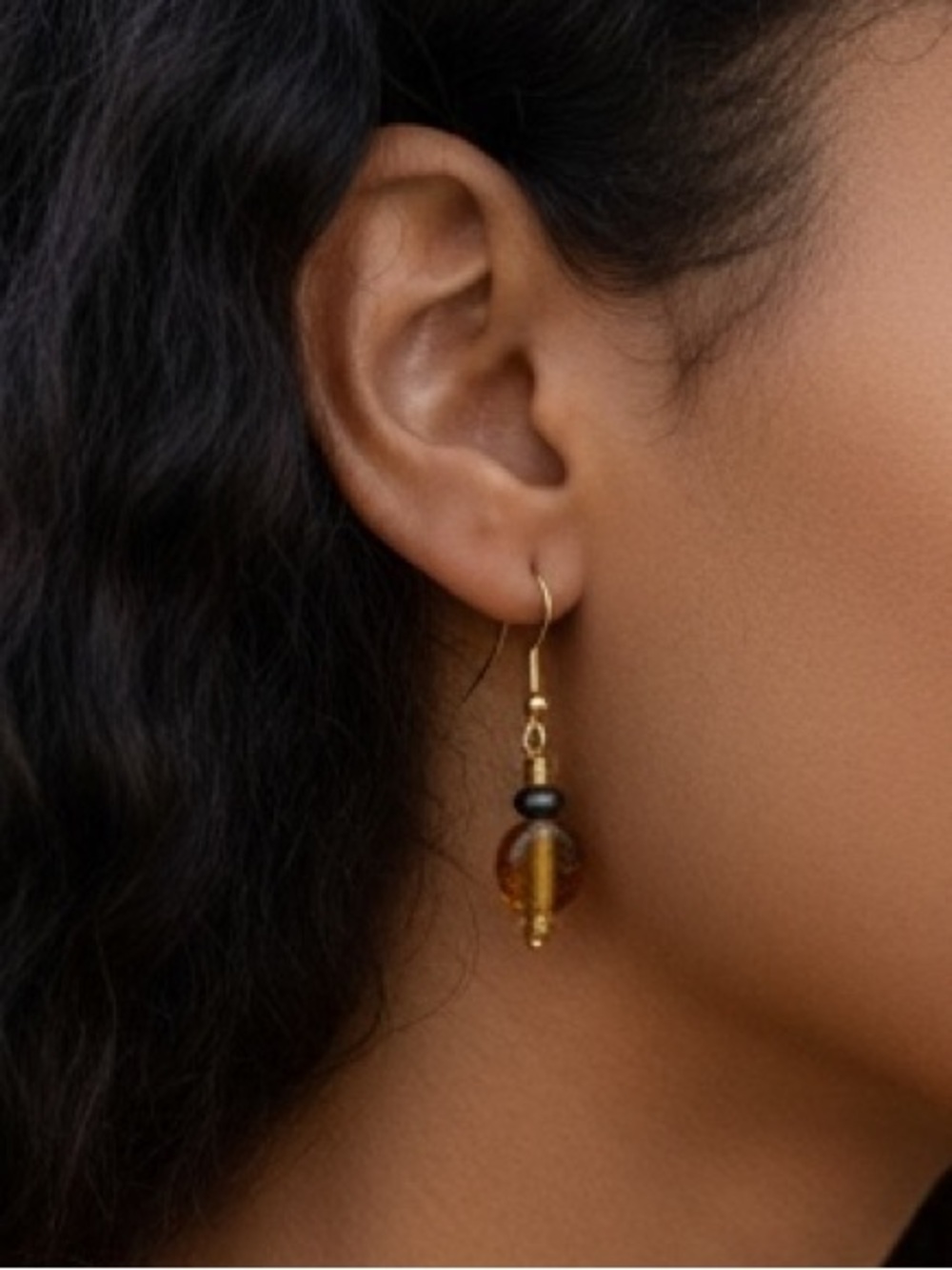 Handcrafted Glass Lampwork Bead Earrings | Amber Brown And Stone Handmade